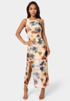 Printed Powermesh Side Shirred Maxi Dress