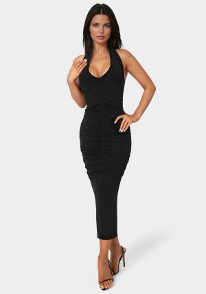 Slinky Shirred Halter Maxi Dress